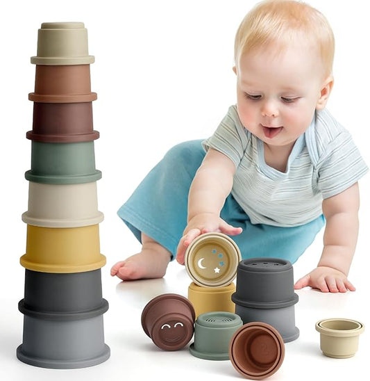 BOBXIN Stacking Cups Baby Building/Bathtub/Beach Toy, Nesting Cup Early Educational Montessori Toddlers Stacking Toy, 8 Pcs with Numbers & Pattern, Fun for Kid Baby 6-12 Months Play for Indoor/Outdoor