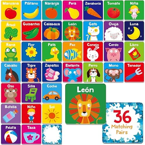 Hebayy Spanish Memory Matching Game, 72 PCS First Words Matching Cards for Toddlers, 36 Pairs Memory Cards Educational Toys Preschool Spanish Learning Activities for 4 5 6 Years Old by Stickyourhappymoment