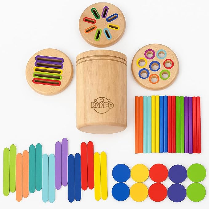 Montessori Color Sorting Toy for Toddlers - 3-in-1 Wooden Fine Motor Set with 3 Interchangeable Lids, Sticks & Discs - Beechwood, Non-Toxic, Ages 18 Months to 4 Years - Gift-Ready Window Box by Unknown