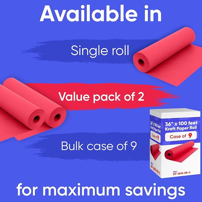 36" x 1200" (100 ft) Red Kraft Paper Roll (Value Pack of 2), 45 lbs Thickness, Made in USA Colored Kraft Paper for School, Bulletin Board - Odorless, Non-Toxic, Safe for Kids