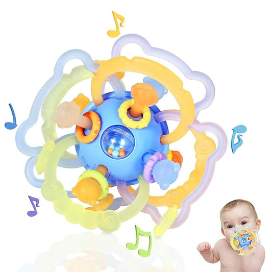 Orzbow Sensory Teething Toys for Babies, Montessori Toys 3-18 Months, Infant Teethers Relief, Silicone Baby Rattle, BPA Free, Blue