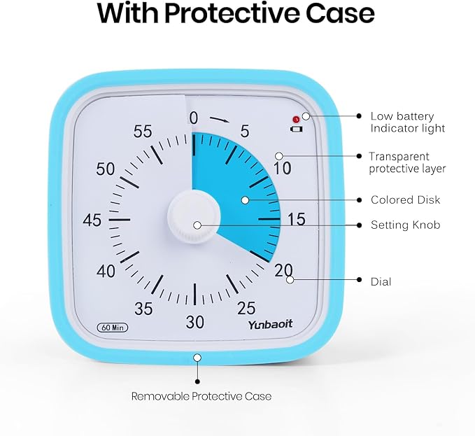 Yunbaoit Visual Timer for Kids, Silent 60-min Countdown Timer, Blue Blue - Image 3