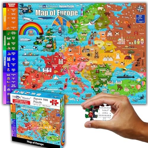 Think2Master Colorful Map of Europe 500 Pieces Jigsaw Puzzle with Very Large Pieces for 13+, Adults & Seniors. Great Gift for Interest in the European Map. Size: 26.8” X 18.9” by Think2Master