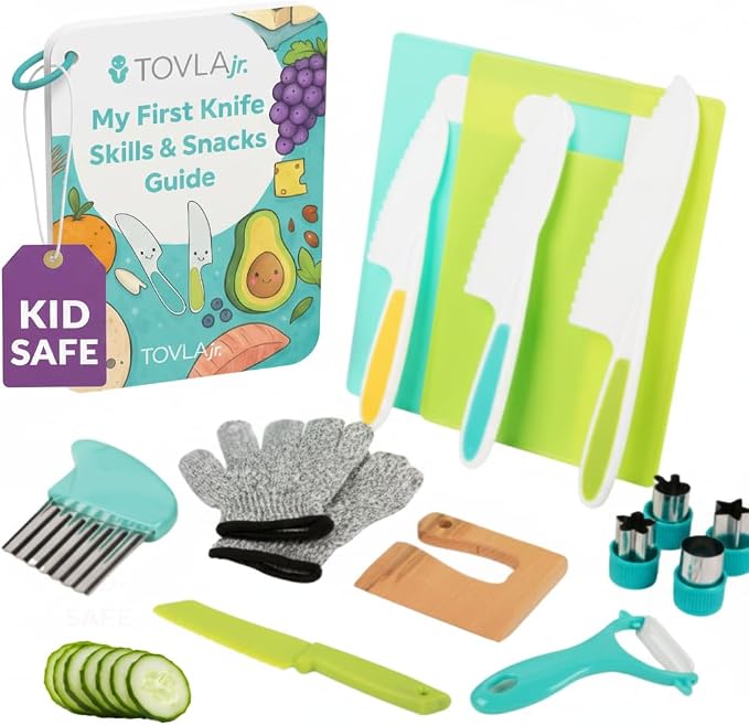 Toddler Safe Knife Set with Recipe Book - Includes Peeler, Cutting Board, and Chopper - Real Kitchen Tools for Kids Ages 4-12 by TovlaCo