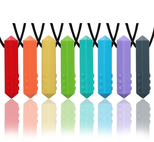 Chew Necklaces for Sensory Kids, 8 Pack Chewy Necklace Sensory Boys and Girls with Autism, ADHD, SPD, Biting, Silicone Teething Necklace Oral Chew Toys for Adults Reduce Chewing Anxiety Fidget