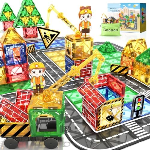 Kids Games Magnetic Tiles Road Set with Extendable Crane Magnetic Blocks by Coodoo