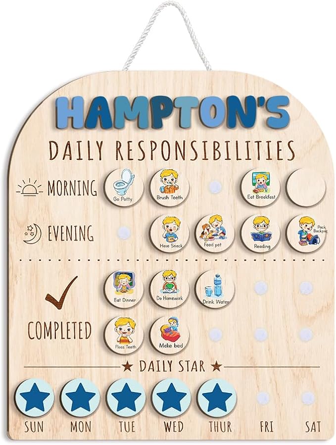 Personalized Wooden Chore Chart for Kids 15x17", Visual Schedule, Routine Chart for Kids, Morning Bedtime Routine Chart for Toddlers Ages 2-4, Daily Kids Schedule Board for Home (12) by TinyKidz