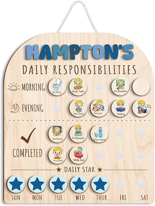 Personalized Wooden Chore Chart for Kids 15x17", Visual Schedule, Routine Chart for Kids, Morning Bedtime Routine Chart for Toddlers Ages 2-4, Daily Kids Schedule Board for Home (12) by TinyKidz