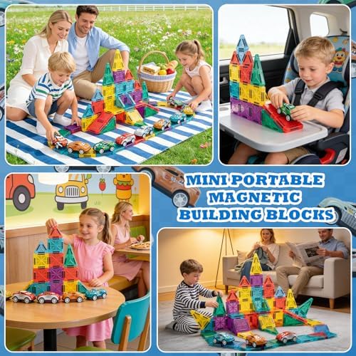 93 PCS Magnetic Tiles Mini Magnetic Building Tiles with Cars, Travel Magnetic Tiles with Storage Bag,STEM Toys for School Acitivities, Ideal Christmas Birthday Gifts for Boys Girls Age 3+ Years Old - Image 4