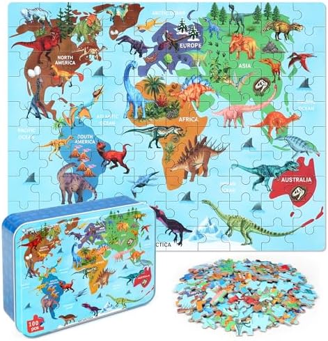 LELEMON Puzzles for Kids Ages 4-6,Dinosaur Map 100 Piece Puzzles for Kids Ages 6-8 in a Metal Box,Educational Jigsaw Puzzles,Childrens 100 Piece Puzzle Games Puzzle Toys for Girls and Boys by LELEMON