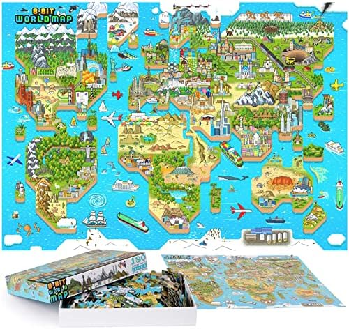 bopster 180-Piece World Map Puzzle – 8-Bit Retro Gaming Style for Kids Ages 4-8 – Find 50 Famous People – Eco-Friendly Recycled Cardboard by bopster