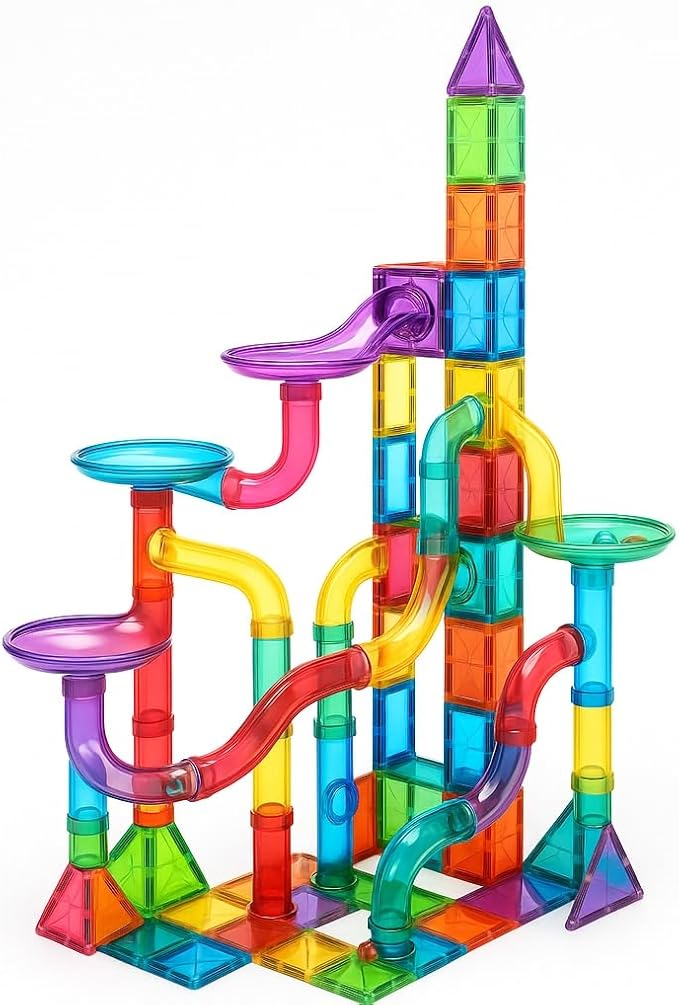 Magnetic Building Tiles Marble Run Set, 115 Pieces STEAM Construction Blocks with Marble Run Track, Educational STEM Toy for Kids Ages 3+, Rainbow Colors - Image 6