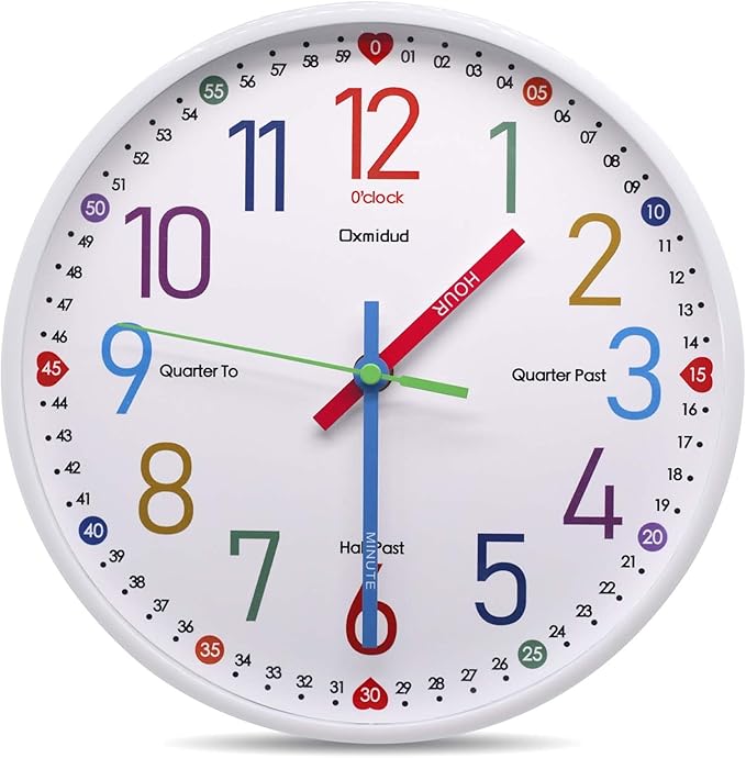 Learning Clock for Kids,10'' Silent Non-Ticking Teaching to Tell Time Colorful Wall Clocks for Children's Room Bedroom Classroom Home Decor, Gifts for Christmas Birthday (White) by Oxmidud