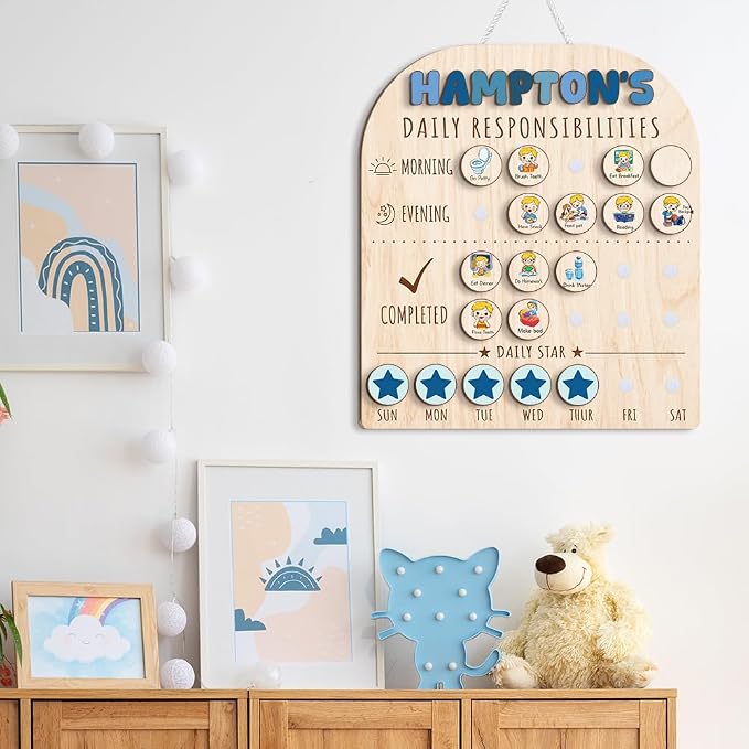 Personalized Wooden Chore Chart for Kids 15x17", Visual Schedule, Routine Chart for Kids, Morning Bedtime Routine Chart for Toddlers Ages 2-4, Daily Kids Schedule Board for Home (12) - Image 7