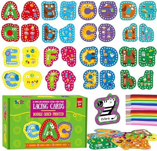 52 PCS Lacing Cards, 26 Double-Sided Uppercase & Lowercase Sewing Cards with 52 Colorful Laces, Imagination Development Lacing Toy Games Educational and Learning Activity for Preschoolers, Children by SpriteGru