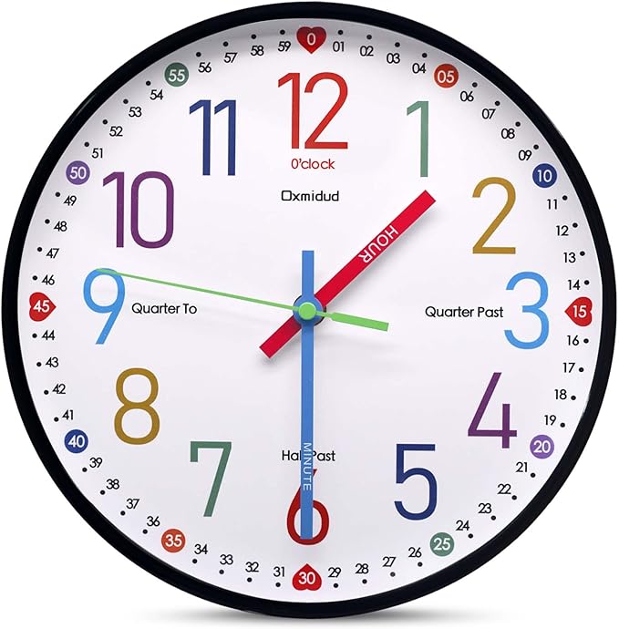 Learning Clock for Kids, 10'' Silent Non-Ticking Teaching to Tell Time Colorful Wall Clocks for Children's Room Bedroom Classroom Home Decor, Gifts for Christmas Birthday (Black) by Oxmidud