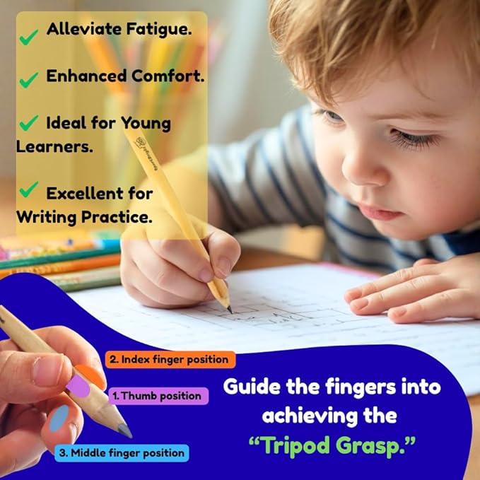 Thick Fat Jumbo Triangular Pencils for Hand Writing Drawing, Age 2+, Preschoolers, Early Learners, and those with Special Needs. Sets of 10 natural wood pencils with a wood sharpener and eraser.