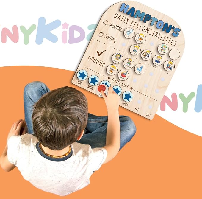Personalized Wooden Chore Chart for Kids 15x17", Visual Schedule, Routine Chart for Kids, Morning Bedtime Routine Chart for Toddlers Ages 2-4, Daily Kids Schedule Board for Home (12) - Image 2