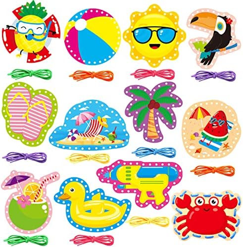 Omlisca Summer Lacing Cards Sewing Kits for Kids 12 Pack Beach Theme Pool Party Decoration Double Sided Cardboard Lacing Playing Games for Boys Girls Preschool Home De by Omlisca