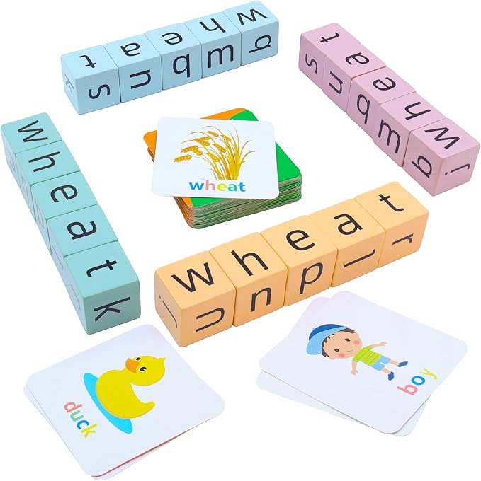 Spelling Games for Kids Ages 3-8, Phonics Matching Game with 54 Flash Cards & 20 Letter Blocks, CVC & Sight Word Building Reading Game, Classroom Must Haves for Preschool & Kindergarten by Humerry