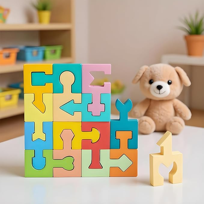 Puzzles for Kids - Wooden Shape Matching Puzzle, Educational Game Set, 16 Pieces | Boys Girls Ages 4-6 Home School Kindergarten Learning Cognitive Skill Development Fun Playtime