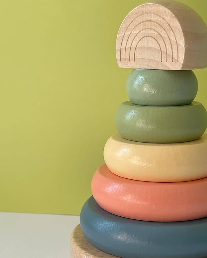Pearhead Wooden Rainbow Stacking Ring Toy, Montessori Baby Stacker - Image 2