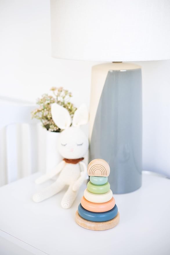 Pearhead Wooden Rainbow Stacking Ring Toy, Montessori Baby Stacker - Image 6