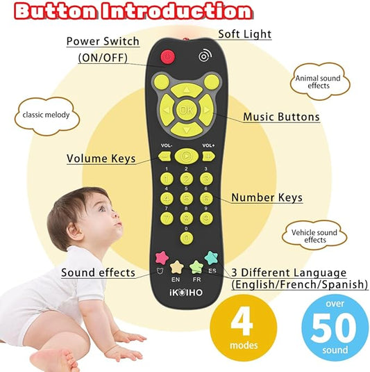 Baby Remote Control Toy, Realistic Toddler TV Remote Toy with Light Sound Kid Learning Education Musical Toys with English French Spanish Infant Gift for Boys Girls 6M+ (Black)