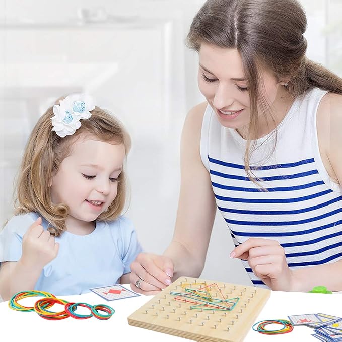 Wooden Geoboard, Montessori STEM Toy with Pattern Blocks for Kids Ages 3+ - Image 6