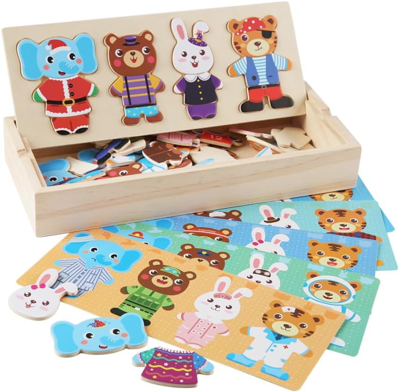 Wooden Bear Family Dress-up Puzzle Box for Toddlers(60pcs),Change Clothes Puzzle Games, Preschool Learning Activities Toys for Kids Ages 3+ by LilyBeauty