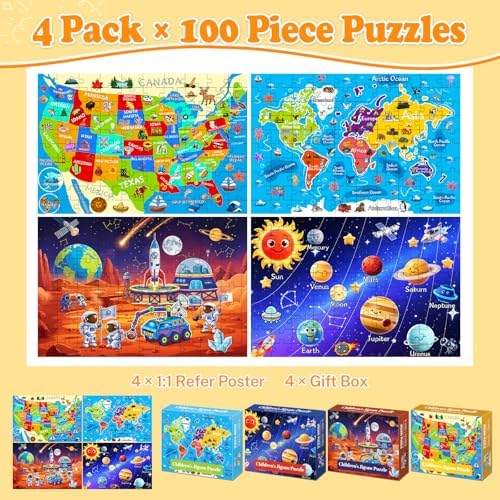 4 Packs 100 Piece Puzzles for Kids Ages 4-6 6-8 8-10, USA World Map Kids Puzzles Ages 3-5 4-6 5-8, Solar System Mars Adventure 100 Piece Puzzle for Adults Seniors, Educational Jigsaw Puzzles 15"x10" - Image 2