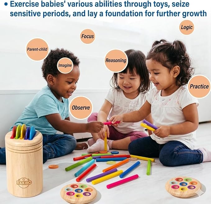 Montessori Color Sorting Toy for Toddlers - 3-in-1 Wooden Fine Motor Set with 3 Interchangeable Lids, Sticks & Discs - Beechwood, Non-Toxic, Ages 18 Months to 4 Years - Gift-Ready Window Box - Image 3