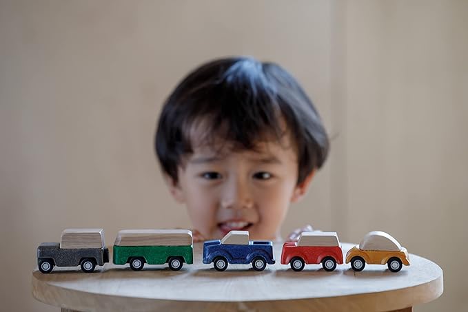 PlanToys® Car Set Wooden Montessori Vehicle Set | Early Movement, Imagination and Practical Life Exploration | Eco Friendly Car Set for Indoor and Outdoor Play