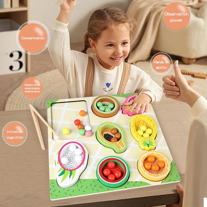 Practical Life/Sensorial/Math Fruit-Themed Sorting Stacking Beads Tong/Chopsticks/Spong, Pincer Grasp Motor Skills Toy PegBoard Beads Game Color/Shape Matching 3-6 Years Gift - Image 2