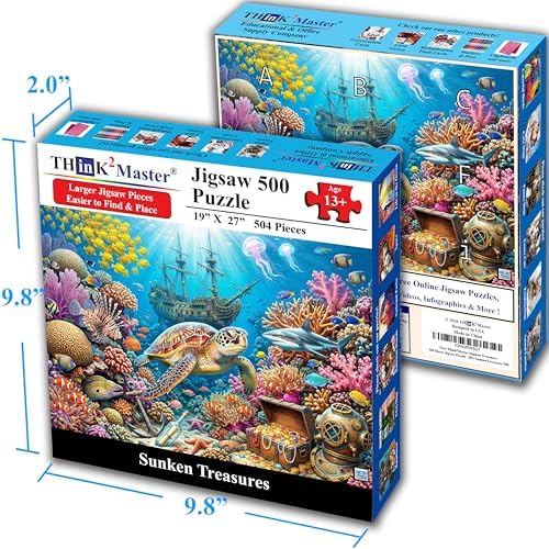 Think2Master Sunken Treasures 500 Pieces Large Format Jigsaw Puzzle: 13+, Teens, Adults & Families. Giant Sea Turtles, Sharks, Lion Fish, Pirate Ship & Tropical Fish Great Gift. Size: 26.8” X 18.9” - Image 4