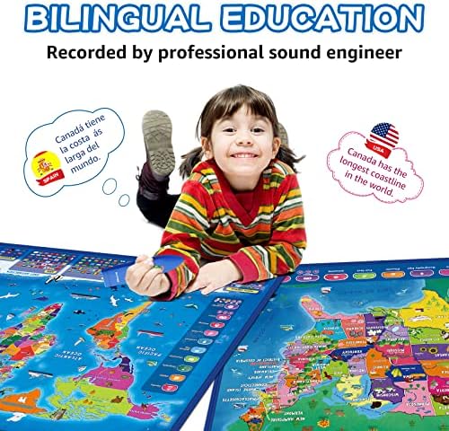 Qiaojoy Bilingual Interactive Kids Talking USA Map World Map for Learning - Image 2
