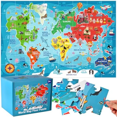 48 Pcs World Map Puzzle for Kids, Floor Puzzles for Kids Ages 4-8 by WoodTrove