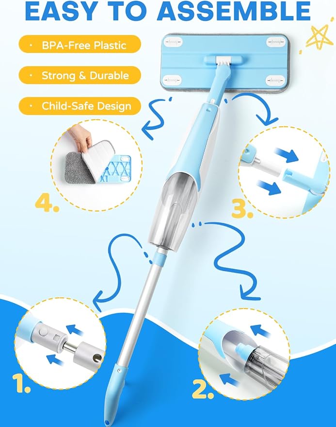 Kids Cleaning Toy Set,Blue Spray Mop Montessori Toys-Kids Cleaning Toy Set,Mini Spray Mop Montessori Toys Spray Mop & Kids Broom Dustpan Set Cleaning Toys Gift for Toddlers Girls Boys Age 3+ - Image 6