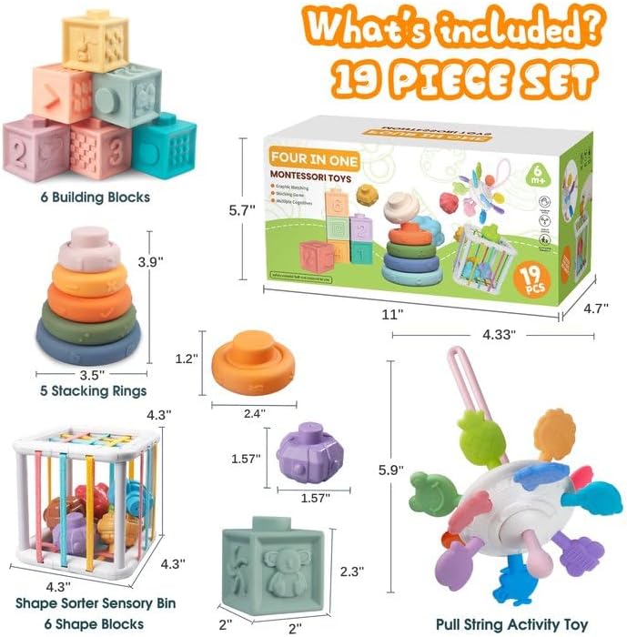 4-in-1 Montessori Sensory Baby Blocks 18M+ , Stacking Ring, Pull String - Image 6