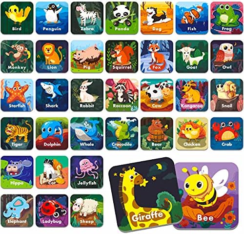 Hebayy 36 Pair Animal Matching Memory Game Flash Cards for Toddlers, Preschool, Kindergarten and Home. Erasable, Fun & Fast, Travel Friendly, Skill Building. Size 2” x 2”(5 x 5 cm) by Stickyourhappymoment