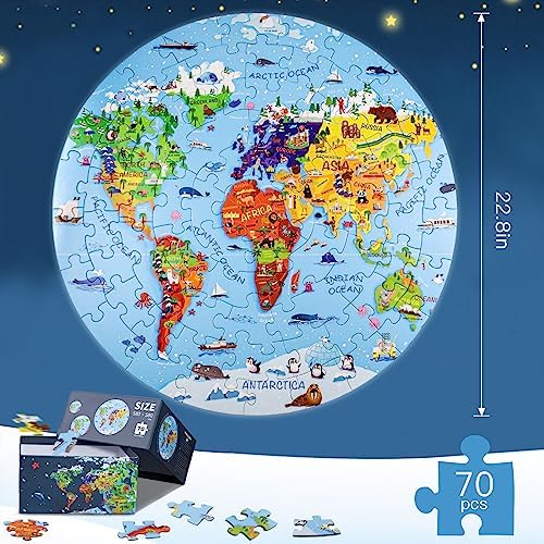 DIGOBAY World Map Jigsaw Puzzle for Kids 4-8, 70 Piece Large Round Floor Puzzles for Kids Ages Toddler Puzzle Globe Geography Games Educational Toys Birthday for Children - Image 2