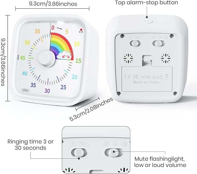 Yunbaoit Rainbow Visual Timer for Kids, 60-min Countdown Timer, White - Image 4