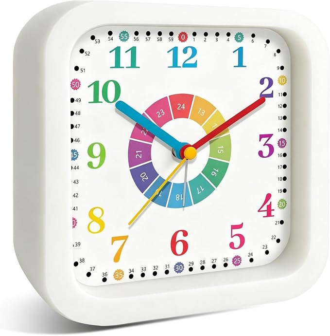 Modern Silent Analog Battery Operated Alarm Clock, 4.5" Loud Alarm Clock for Heavy Sleepers with Unique Dial & Numbers, Plastic Desk Learning Clock for Kids Bedroom Classroom Dorms, White by Noubnea