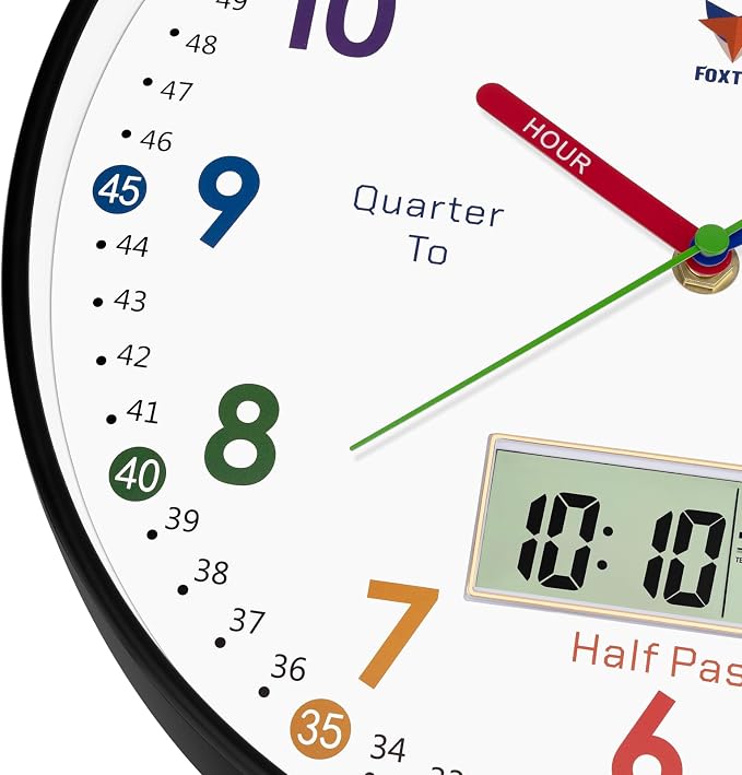 Foxtop Digital and Analog Learning Clock for Kids - Telling Time Teaching Clock 12 Inch Silent Non-Ticking Battery Operated Kids Wall Clock for Kids Room Playroom Nursery Classroom School (Black) - Image 8