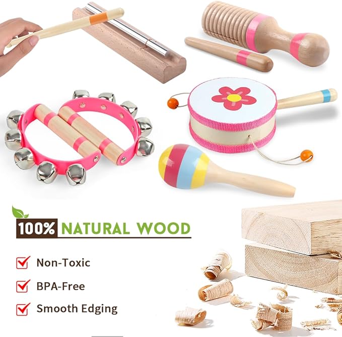 Toddlers Musical Instruments for 1 2 3 Year Old Girls,Baby Montessori Wooden Musical Toys for Toddlers 1-3 Year Old,Kids Musical Toy for Preschool,Christmas Birthday Gift for Baby Girls (Pink 8 in 1)