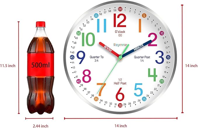Roymnie 14" Wall Clock for Kids Learning Silent Battery Operated Teaching - Image 5