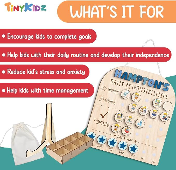 Personalized Wooden Chore Chart for Kids 15x17", Visual Schedule, Routine Chart for Kids, Morning Bedtime Routine Chart for Toddlers Ages 2-4, Daily Kids Schedule Board for Home (12) - Image 4