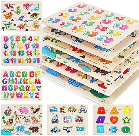 GRINNNIE Wooden Peg Puzzle for Toddlers, 6 Pack Toddler Puzzles Set for 3 4 5 Years Old (Alphabet Number Shape Animal Dinosaur Vehicle), Preschool Education Learning Puzzle Toys for Girls and Boys by GRINNNIEWOODENTOYS