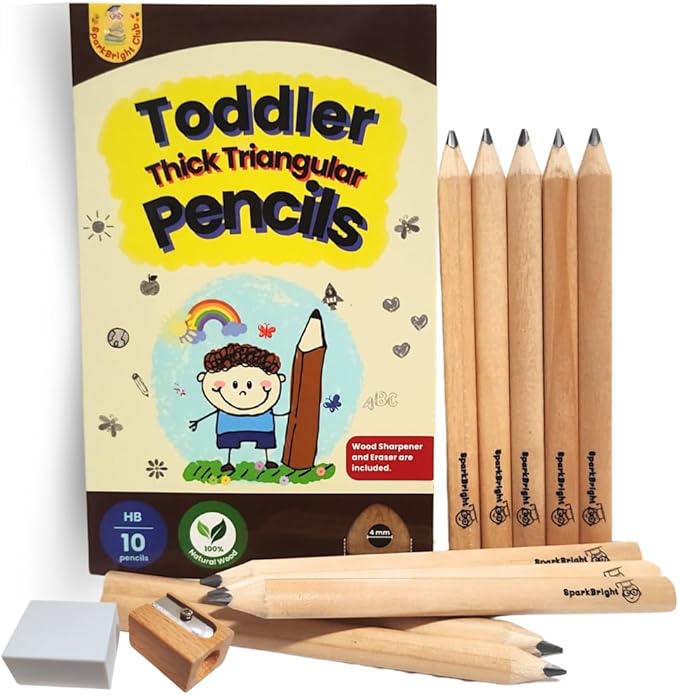 Thick Fat Jumbo Triangular Pencils for Hand Writing Drawing, Age 2+, Preschoolers, Early Learners, and those with Special Needs. Sets of 10 natural wood pencils with a wood sharpener and eraser.