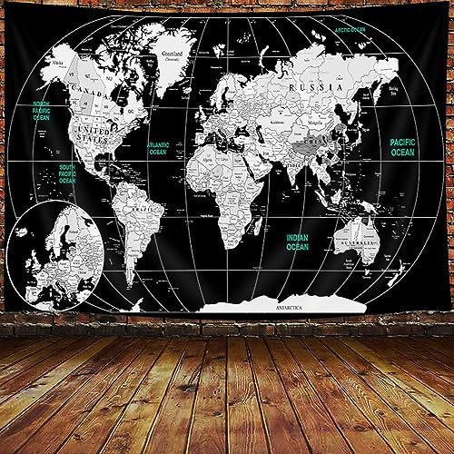 World Map Tapestry for Kids Student, World Map with Countries and Major Cities Tapestries Educational Asia Europe South City Topography America Africa Japan Wall Tapestry 71X60 Inch(Black) - Image 2
